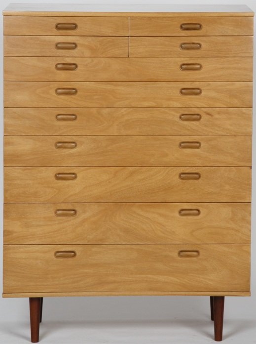 ***TWO PIECES BY EDWARD WORMLEY FOR DUNBAR: Blonde mahogany chest fitted with four half drawers over seven long graduated drawers, approximate height 48 1/4'', width 36'', depth 18'', and double dresser fitted with three apron drawers over four