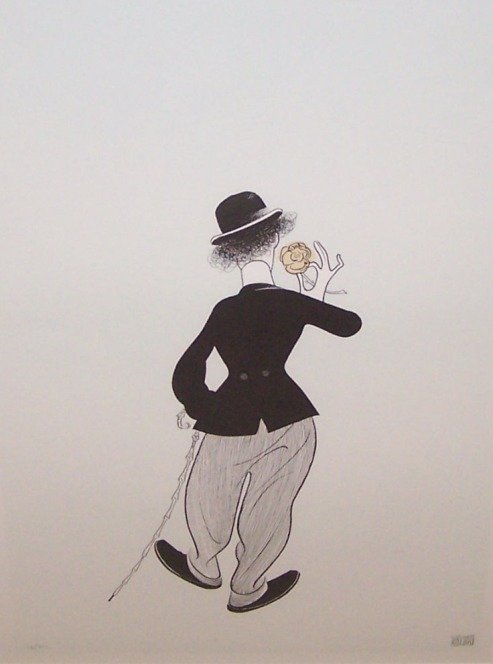 ***HIRSCHFELD, ALBERT: (1903-2001 American) Charlie Chaplin, framed colored lithograph, signed lower right and numbered lower left from an edition of 200 prints, approximate image size 23'' x 15 1/2'' with larger margins, f