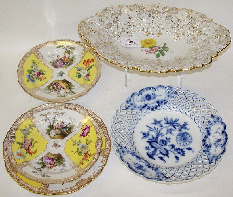 ***FIVE PIECES OF MEISSEN PORCELAIN: ***FIVE PIECES OF MEISSEN PORCELAIN| Comprising a bowl, a reticulated plate and three plates, all having hand painted decoration and Meissen blue cross swords mark.