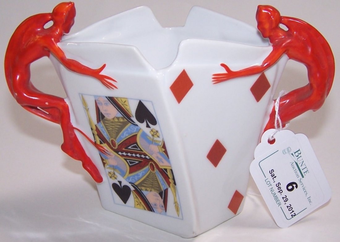 ROYAL BAYREUTH TWO-HANDLED OPEN SUGAR: ''Devil and Playing Cards'' pattern, approximate height 4 1/8''.