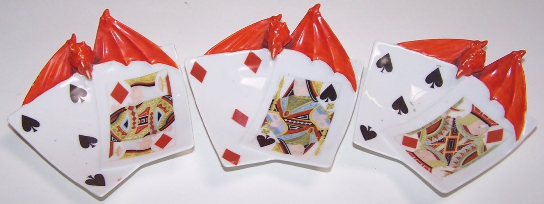 THREE ROYAL BAYREUTH DISHES: ''Devil and Playing Cards'' pattern.