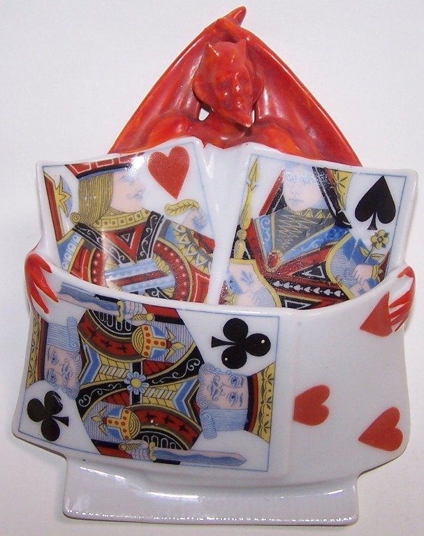 ROYAL BAYREUTH WALL POCKET MATCH HOLDER: ''Devil and Playing Cards'' pattern, approximate height 5 1/8''.