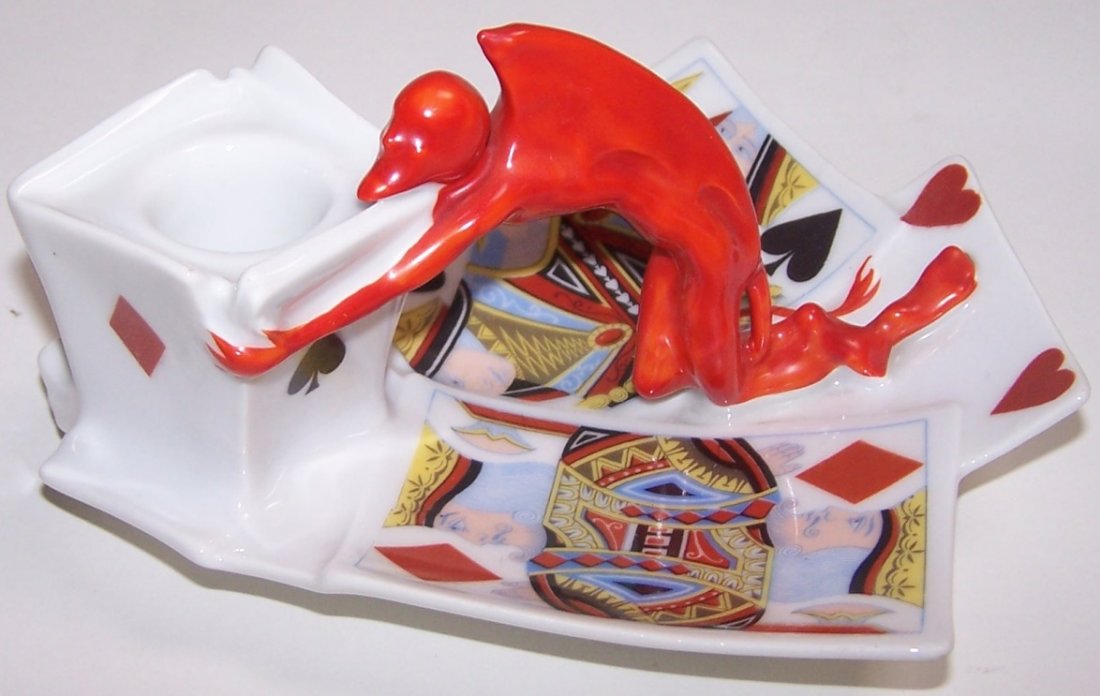 ROYAL BAYREUTH CHAMBERSTICK: ''Devil and Playing Cards'' pattern, approximate height 3'', length 6''.