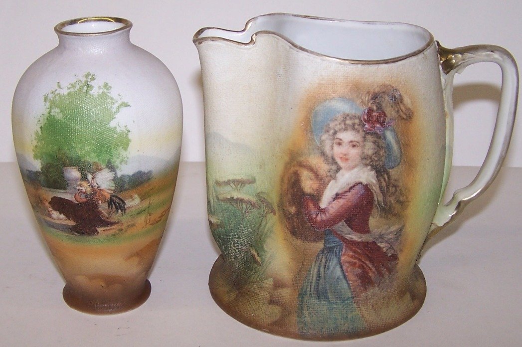 TWO PIECES OF ROYAL BAYREUTH: Tapestry, lady with muff facing left and two birds in landscape, approximate height 5'' and 5''.