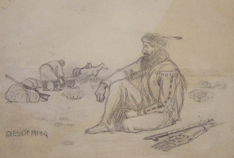 ***DEMING, EDWIN WILLARD (1860-1942 AMERICAN): Original study for Mountain Man, signed E.W. Deming, approimate paper size 4 7/8'' x 6 3/4'', with addition sketches verso, Provenance-Originally purchased from Alden Deming, daughter of E.W. Deming.