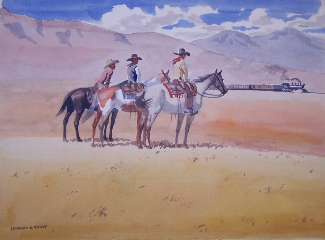 ***REEDY, LEONARD H.: Unframed watercolor, ''Outlaws Watching A Train'', signed lower left, approximate paper size 9'' x 12''.