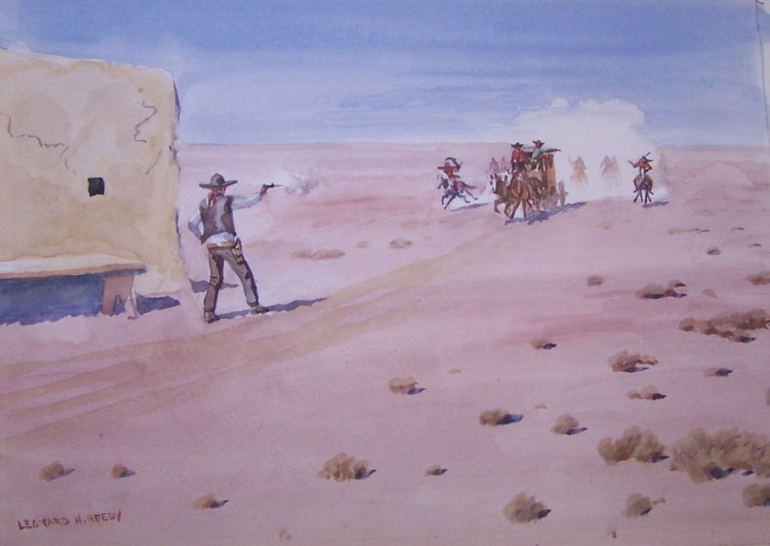 ***REEDY, LEONARD H.: Unframed watercolor, ''Indians Coming In With Stage'', signed lower left, approximate paper size 8 7/8'' x 11 1/2''.