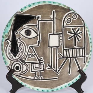 ***PICASSO, PABLO: (1881-1973 Spanish) Painted and glazed ceramic plate, ''Jacqueline Au Chevalet'', stamped on back ''Madoura Plein Feu/Empreinte Originale De Picasso'', incised C119, numbered 67 from an edition of 200