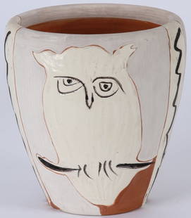 ***PICASSO, PABLO: (1881-1973 Spanish) Glazed ceramic vase, ''Face and Owl'', signed on bottom in black ''Edition Picasso'' and numbered 69 from an edition of 200, also impressed with Madoura stamp/Edition Picasso, appr