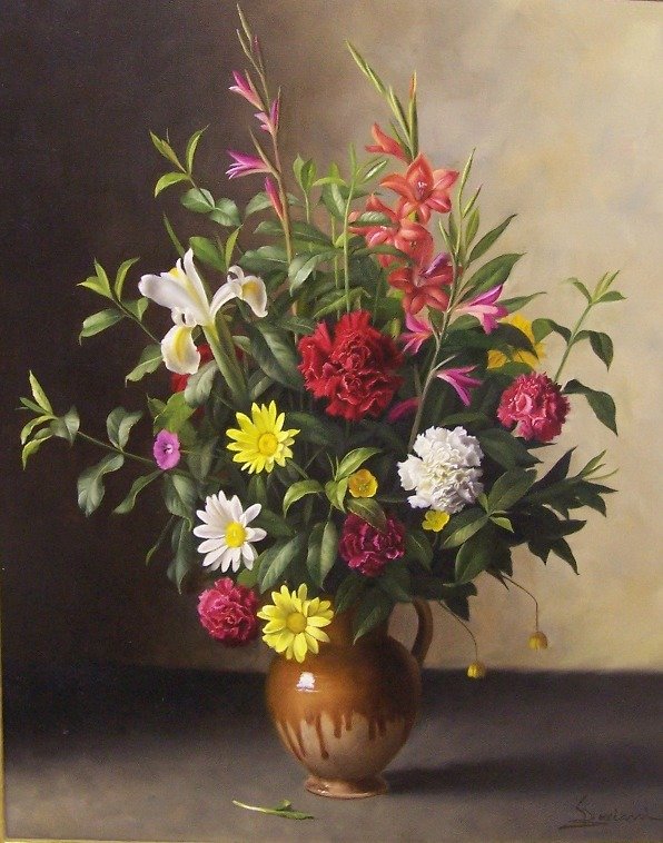 ***BECCIANI, GIORDANO: (Born 1916 Italian) Still life with flowers, framed oil on canvas, signed lower right, bears gallery label for Marshall Field's on verso, approximate image size 20'' x 16'', frame size 28'' x 24''.