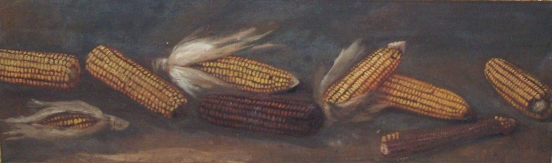 AFTER ALFRED MONTGOMERY: (19th/20th C. American) Still life with corn cobs, framed oil on canvas, approximate image size 12'' x 36'', frame size 14'' x 38''.