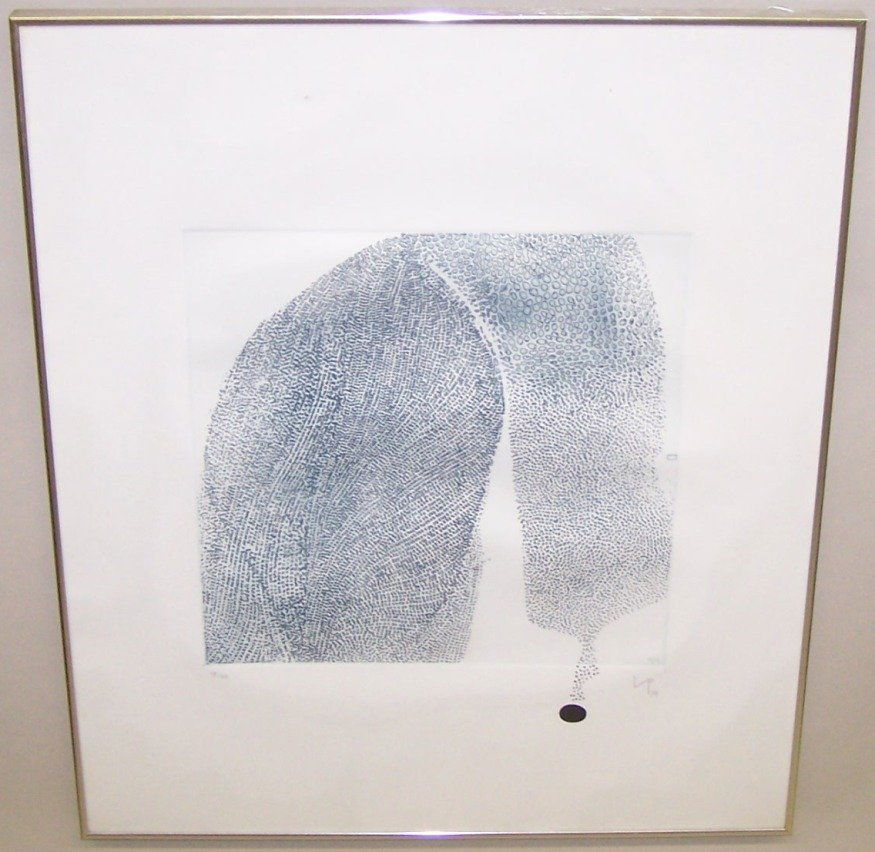 ***PASMORE, VICTOR: (1908-1998 English) ''Blue Development'', framed aquatint etching, signed in pencil with initials and dated 1974 lower right corner, numbered from an edition of 60 prints and numbered in pencil lower