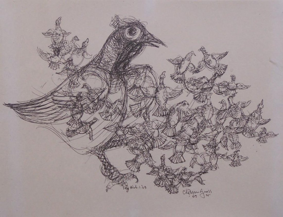 ***GROSS, CHAIM: (1904-1991 American) Birds, framed ink, signed and dated 1969 lower right, approximate image size 7 1/2'' x 9 3/8'', frame size 11'' x 13''.