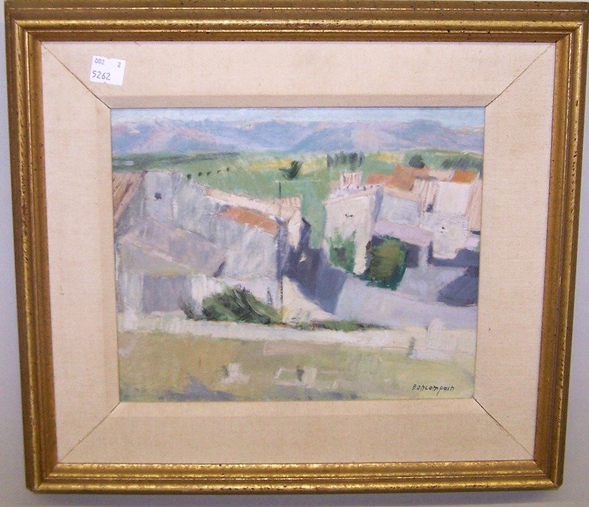 ***BONCOMPAIN, PIERRE: (Born 1938 European) Landscape, framed oil on masonite, signed lower right, approximate image size 8 1/2'' x 10'', frame size 13 1/2'' x 15 1/2''.