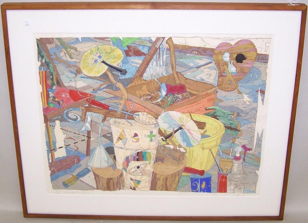 ***WILEY, WILLIAM T.: (Born 1937 American) ''Eerie Grotto Okini'', framed colored woodblock print, signed lower right and numbered from an edition of 200 prints, approximate image size 20 1/2'' x 27'', frame size 29'' x 35