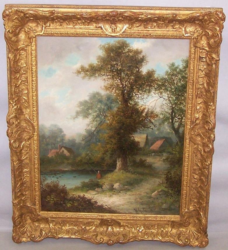 ***YATES, W.: (19th C. English) Fisherman by cottages, framed oil on canvas, signed lower right, approximate image size 18'' x 14'', frame size 23'' x 19''.