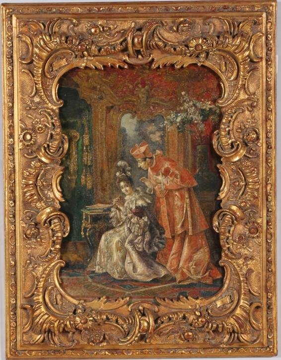 ***BERTINI, GIUSEPPE: (1825-1898 Italian) Cardinal with student, framed oil on canvas, signed lower left, approximate image size 19'' x 12 3/4'', frame size 27'' x 20 1/2''.