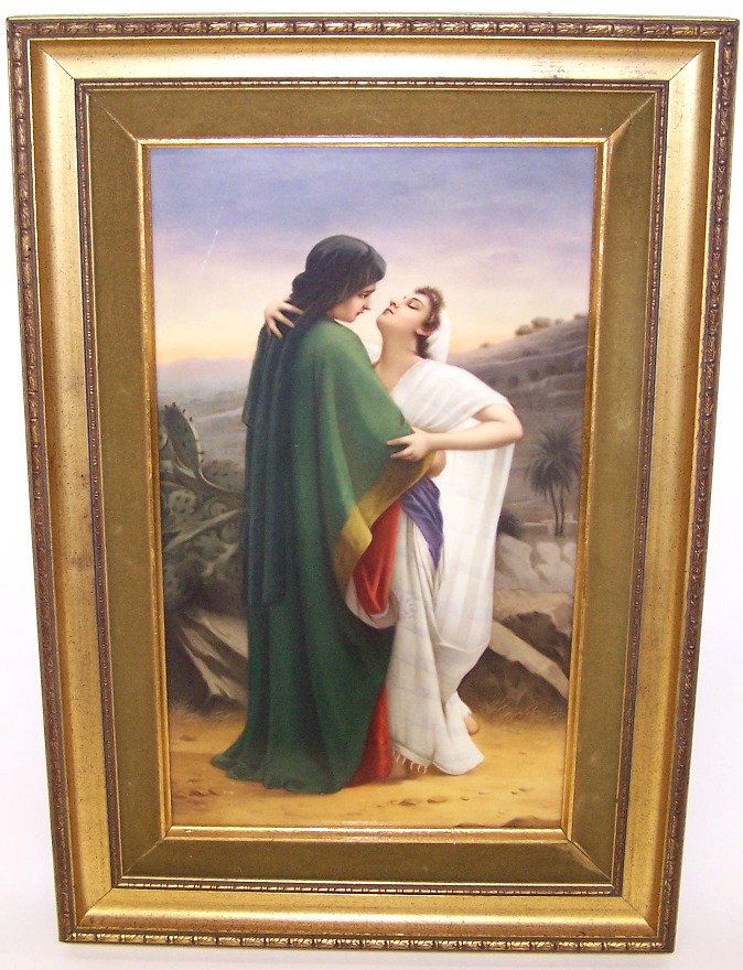 ***KPM PORCELAIN PLAQUE: Depicting lovers in desert landscape, artist signed indistinctly lower right, impressed on verso KPM with scepter mark and numbered 330-200, approximate size 13 1/4'' x 7 7/8''.