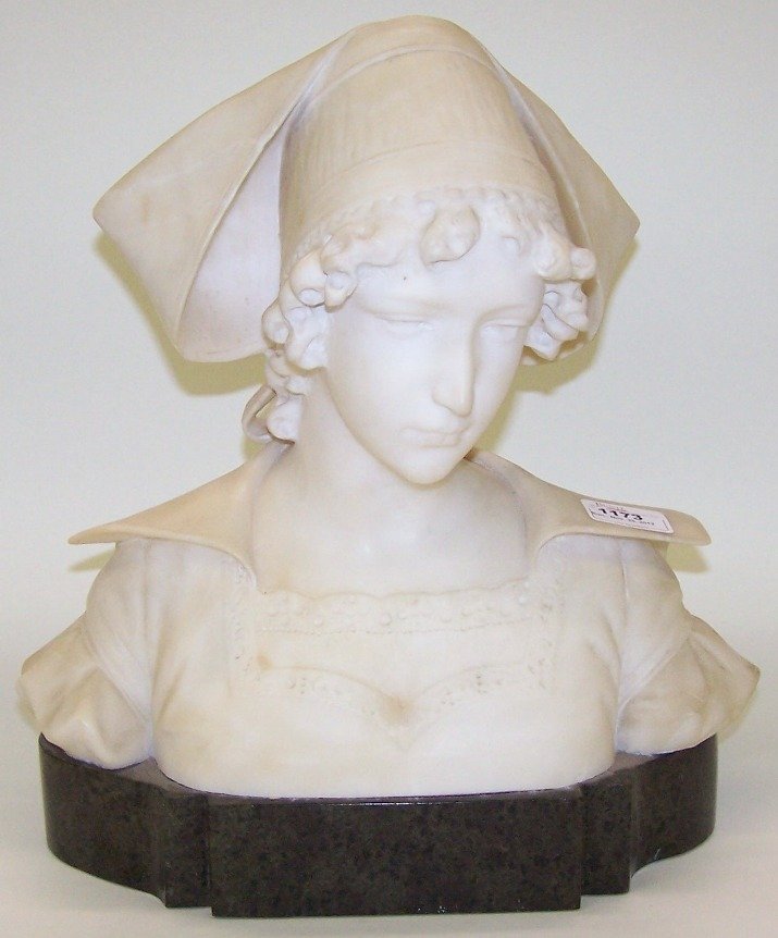 ***ITALIAN CARVED ALABASTER BUST: Depicting lady, raised on a green marble base, approximate overall height 14 1/4''.