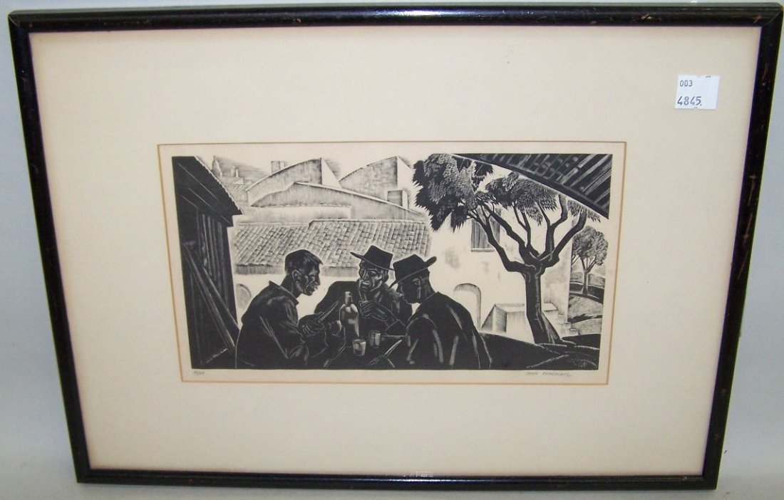 MACNAB, IAN: (1890-1967 English) Figures in city courtyard, framed wood engraving, signed in pencil lower right margin, numbered 18/40 in pencil lower left, approximate image size 5 x 9'', frame size 11'' x 15''.
