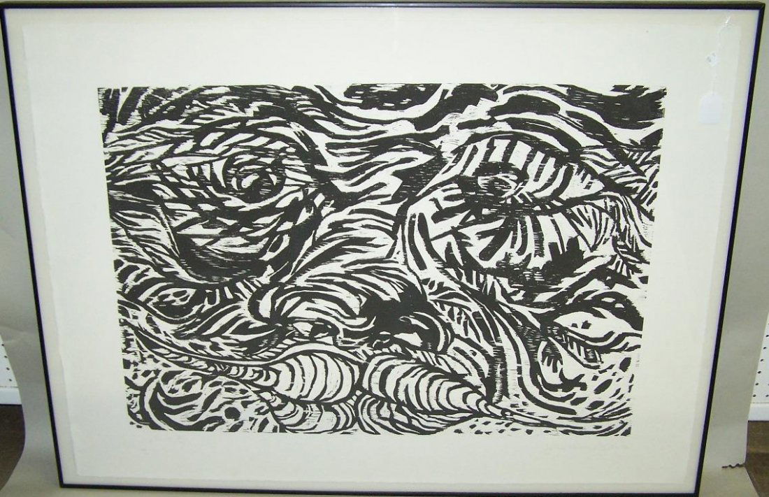 HIMMELFARB, JOHN DAVID: (Born 1946 American) ''Up Front, 1986'', framed woodcut on paper, signed in pencil lower right and numbered 3/10 lower left, approximate image size 23'' x 34'', total sheet size 31'' x 42'', frame siz