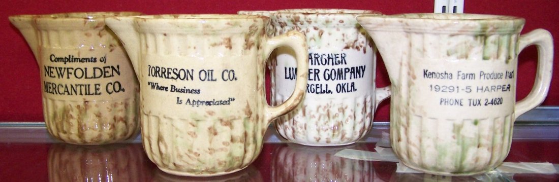 ***FOUR SPATTERWARE ADVERTISING CREAMERS: ''Compliments of Newfolden Mercantile Co.'', ''Torreson Oil Co. Where Business is Appreciated'', ''Archer Lumber Company Purcell, Okla.'' and ''Kenosha Farm Produce Mart 19291-5 Harper phone Tux 2-462