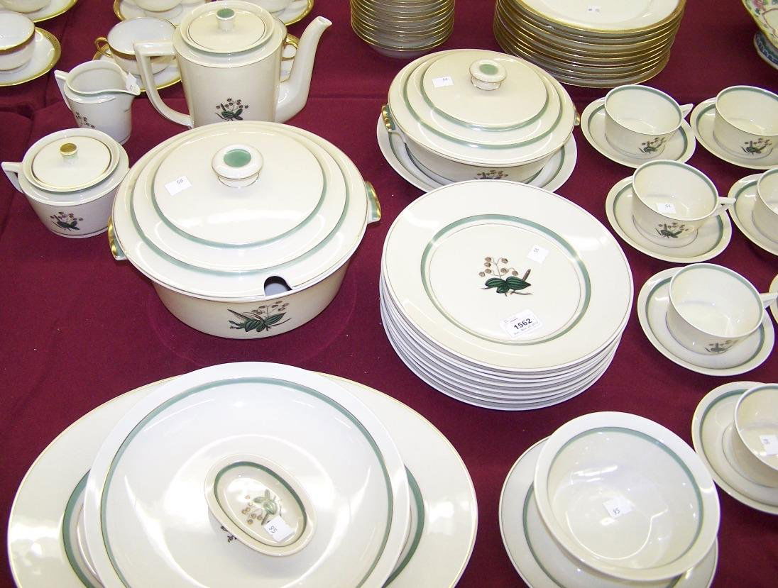 SET OF ROYAL COPENHAGEN DINNERWARE: 8 dinner plates, approximate diameter 9 1/2'', 8 soup bowls, diameter 10 3/4'', 8 salad plates, diameter 8 1/2'', 8 dessert plates, diameter 6 3/4'', 13 bread plates, diameter 6 1/4'', 8 coffee cups w