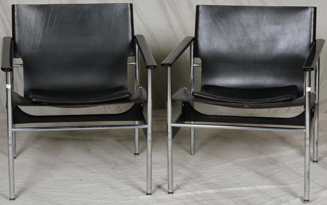 ***THREE CHARLES POLLACK, KNOLLS CLUB ARMCHAIRS: Having black leather upholstery and tubular chromed steel marked on underside with paper labels, ''Knoll Associates 320 Park Ave New York, New York 10022''.