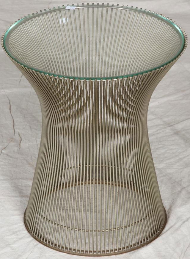 ***WARREN PLATNER FOR KNOLL LAMP TABLE: Nickel plated wire base supports an inset glass top, approximate height 18'', diameter 16''.