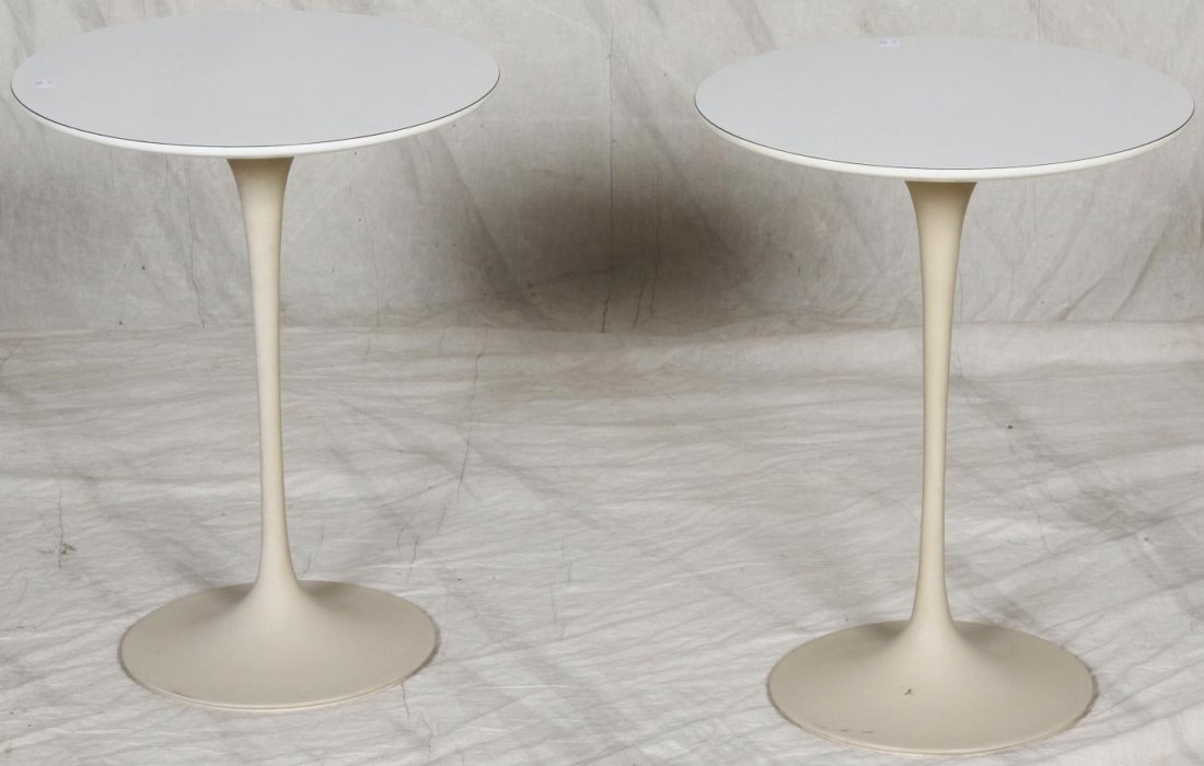 ***PAIR OF KNOLLS SIDE TABLES: Having circular top, raised on pedestal base, marked on underside ''Knoll Associates Inc. 320 Park Ave NY'', approximate height 20 1/2'', diameter 16''.