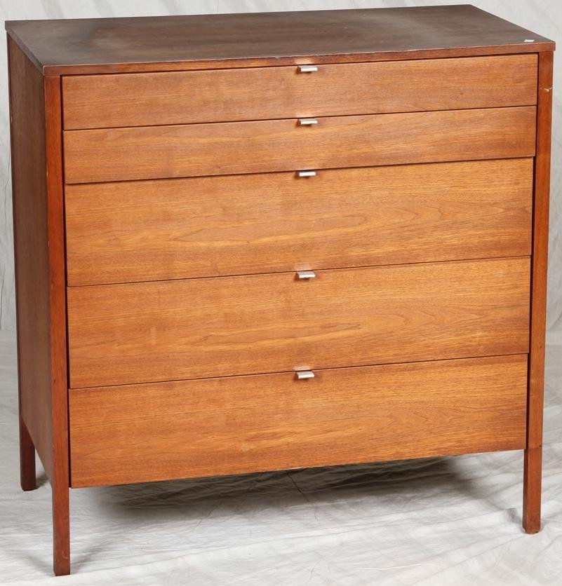 ***THREE KNOLL WALNUT CHESTS: Each fitted with five drawers with chrome handles, approximate height 36 3/4", width 36", depth 19 1/2".