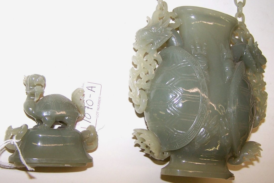***CHINESE GREEN JADE COVERED URN: ***CHINESE GREEN JADE COVERED URN| Having dragon and tortoise shell decoration, approximate height 7 1/2".