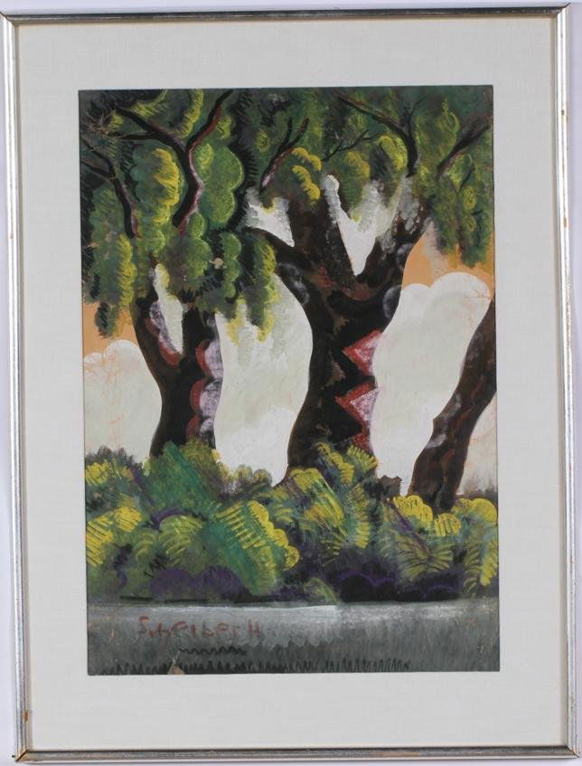 ***SCHEIBER, HUGO| (1873-1950 Hungarian): ***SCHEIBER, HUGO| (1873-1950 Hungarian) Tree landscape, framed gouache and ink painting on tan colored paper, signed lower left, approximate image size 26 1/2" x 18 3/4", frame size 34" x 26". PROVEN