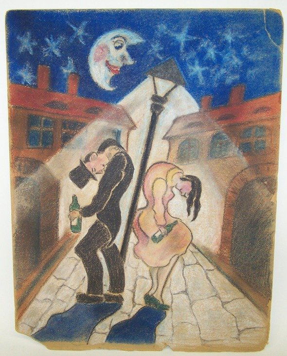 ***IN THE MANNER OF HUGO SCHEIBER: ***IN THE MANNER OF HUGO SCHEIBER| Figures under the moon, framed pastel painting on thin brown board, unframed and unsigned, approximately 20" x 15 1/2".