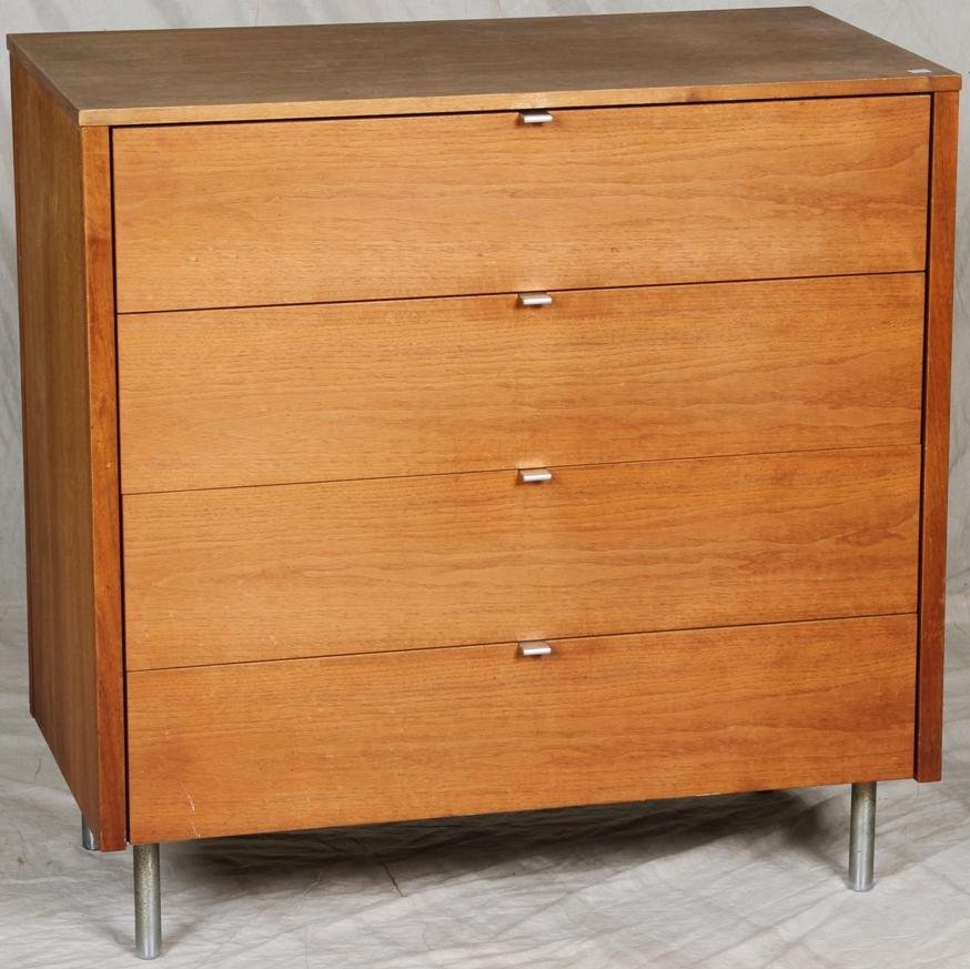 ***MID CENTURY MODERN WALNUT CHEST BY KNOLL: ***MID CENTURY MODERN WALNUT CHEST BY KNOLL| Fitted with four drawers, approximate height 36", width 36", depth 19 1/2".