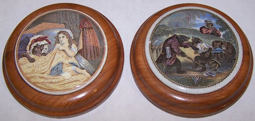 ***TWO 19TH C. POT LIDS: ''Little Red Riding Hood with Wolf'', approximate diameter of lid 3'', with frame 4 1/8'' and ''Bear Family Being Schooled'', approximate diameter of lid 3 1/8'', with frame 4 1/8''.