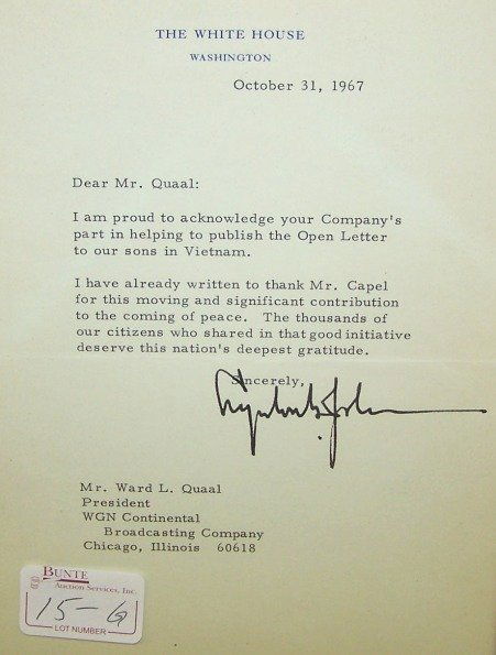 JOHNSON, LYNDON B.: Type written letter to Ward Quaal, signed ''Lyndon B. Johnson'' and dated October 31st 1967.