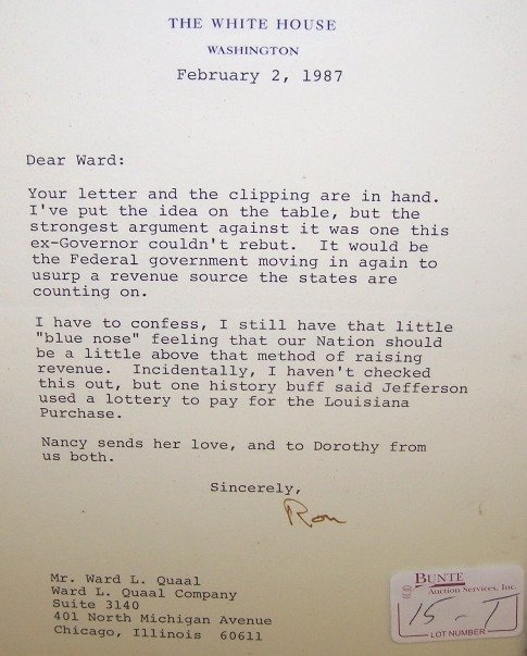 REAGAN, RONALD: Type written letter to Ward Quaal, signed ''Ron'' and dated February 2 1987.