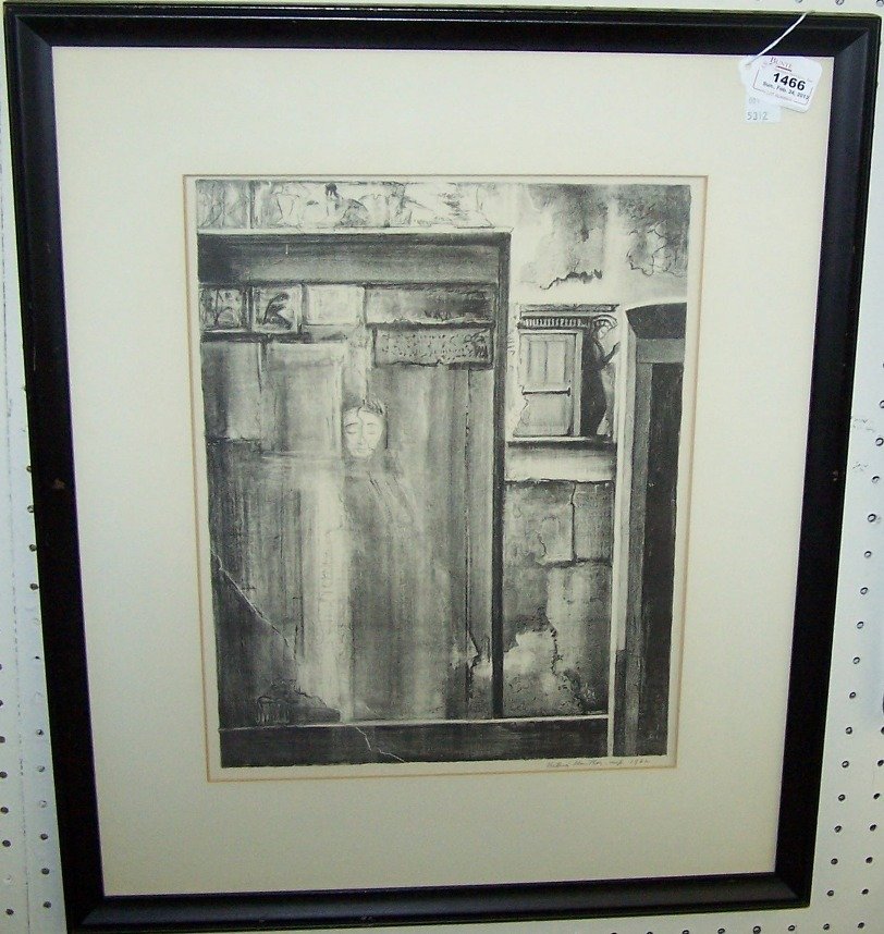 *HUNTLEY, VICTORIA HUTSON: (1900-1971 American) Untitled work depicting surreal architectural scene, framed black and white lithograph on paper, signed and dated 1962 lower right, edition size unknown, approximate image size 15