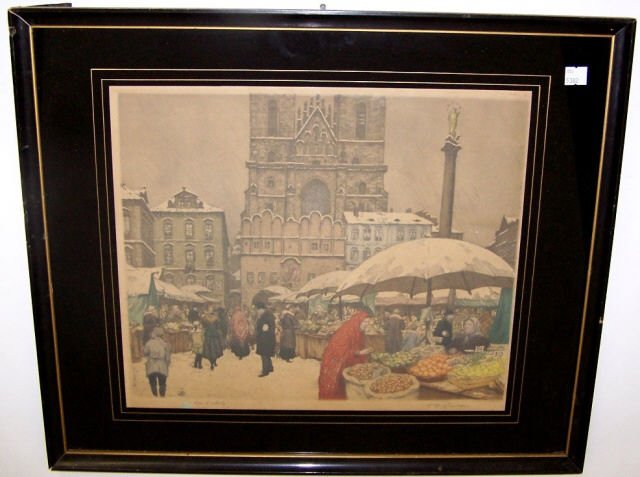 *SIMON, TAVIK FRANTISEK: (1877-1942 Czechoslovakian) Market scene, framed aquatint etching on paper, signed lower right, approximate image size 12 3/4" x 15 1/2" with narrow visible margins, frame size 19" x 22 3/4".