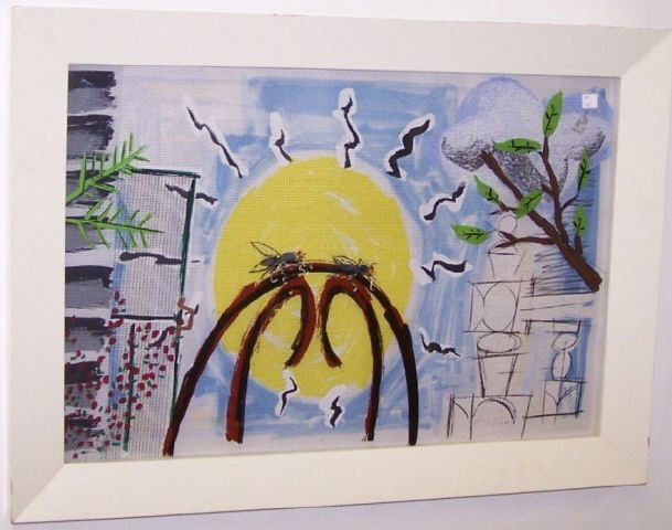 HURSON, MICHAEL: (Born 1941 American) "Two Flies on a Bentwood Chair, 1987", framed mixed media work consisting of lithograph and silkscreen on plexiglass, signed and numbered artist proof lower right and bears label