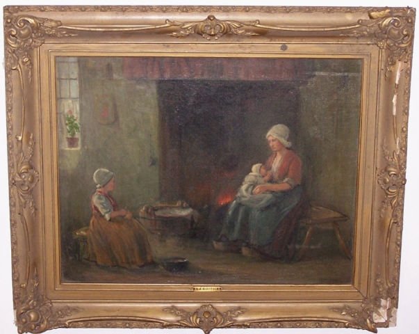 *KLEITSCH, A.J.: (20th C. Dutch) Interior scene with mother and children by the fire, framed oil on canvas, signed lower right, approximate image size 16" x 20", frame size 22" x 26".