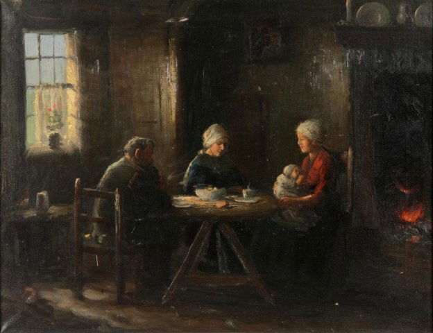 *KLEITSCH, A.J.: (20th C. Dutch School) Interior scene with figures by the fire, framed oil on canvas, signed lower right, approximate image size 18 1/4" x 24", frame size 25 1/2" x 31".