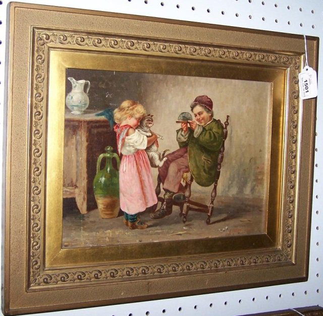 *MARANTONIO, A.: (20th C. Italian) Interior scene with children playing with cat, framed oil on canvas, signed lower right, approximate image size 9 3/8" x 12 1/2", frame size 14 1/2" x 18".