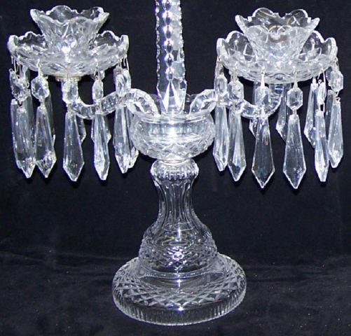 *PAIR OF WATERFORD CRYSTAL CANDELABRA: Having 2 scroll branches and decorated with prism drops centered with obelisk.