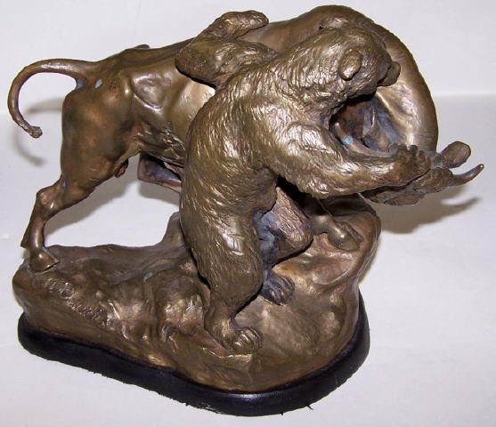 CURTS T.: (Late 19th/Early 20th C. Austrian) Bear fighting bull, cast bronze sculpture affixed to wooden base with artist impressed signature on side, has a foundry mark from the Thenn Foundries of Vienna, Aust