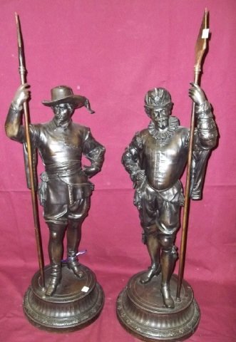 PAIR OF SPELTER SCULPTURES: Depicting cavaliers holding spears, approx. height 35".