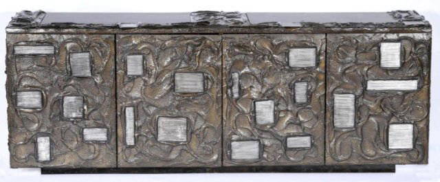 *PAUL EVANS (AMERICAN 1931-1987): Sculpted bronzed resin, steel and slate sideboard, having 2 inset slate tablets, bifold doors opening to interior shelves, initialed P.E. 70.