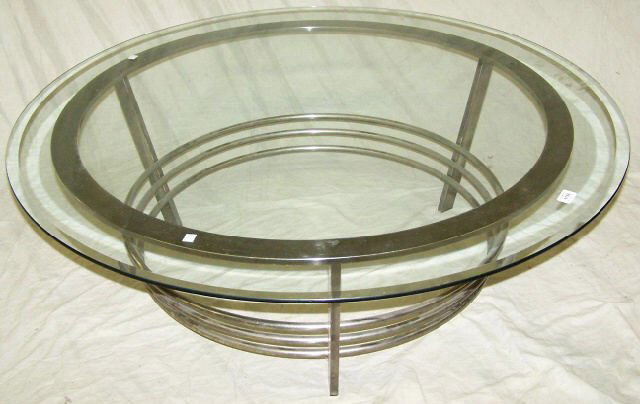 CIRCULAR GLASS TOP ART DECO COFFEE TABLE: Having metal base with 3 horizontal rings connecting 3 legs