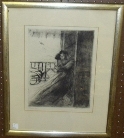 *BESNARD, PAUL ALBERT: (1849-1934 French) Romantic embrace, framed etching, signed lower right margin from an edition of 100 prints, approximate image size 12 1/2" x 9 3/4", frame size 21 1/2" x 17 1/2".
